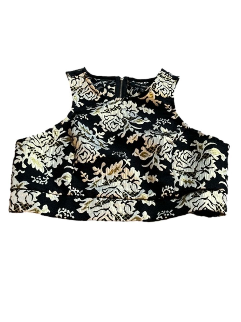QED LONDON Black & Metallic Gold Jacquard Cropped Tank Top, Evening Wear S/M